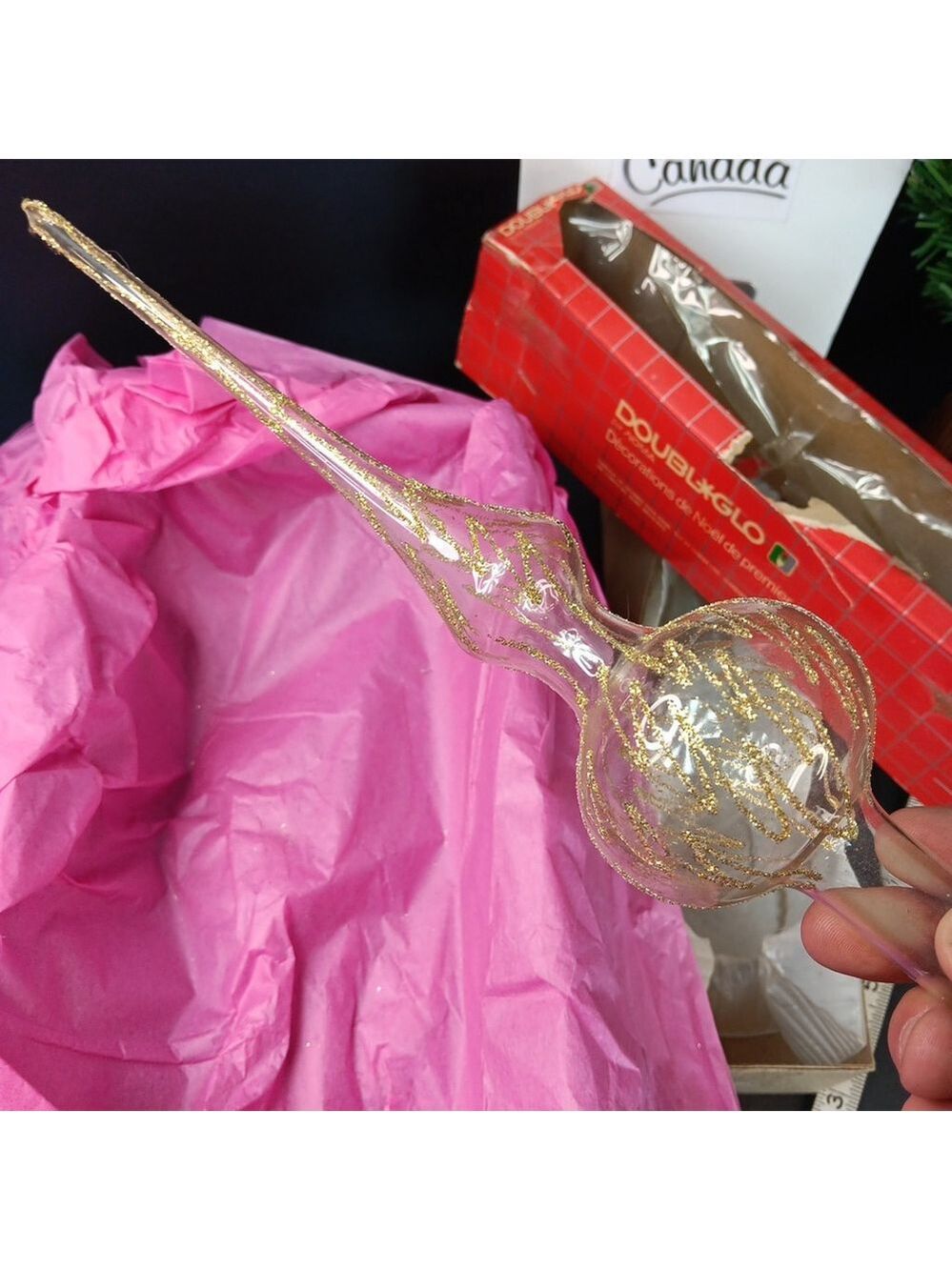 Vintage Large 12" Unsilvered Glass Tree Topper Clear. Doubl Glo Gold Glitter WOW